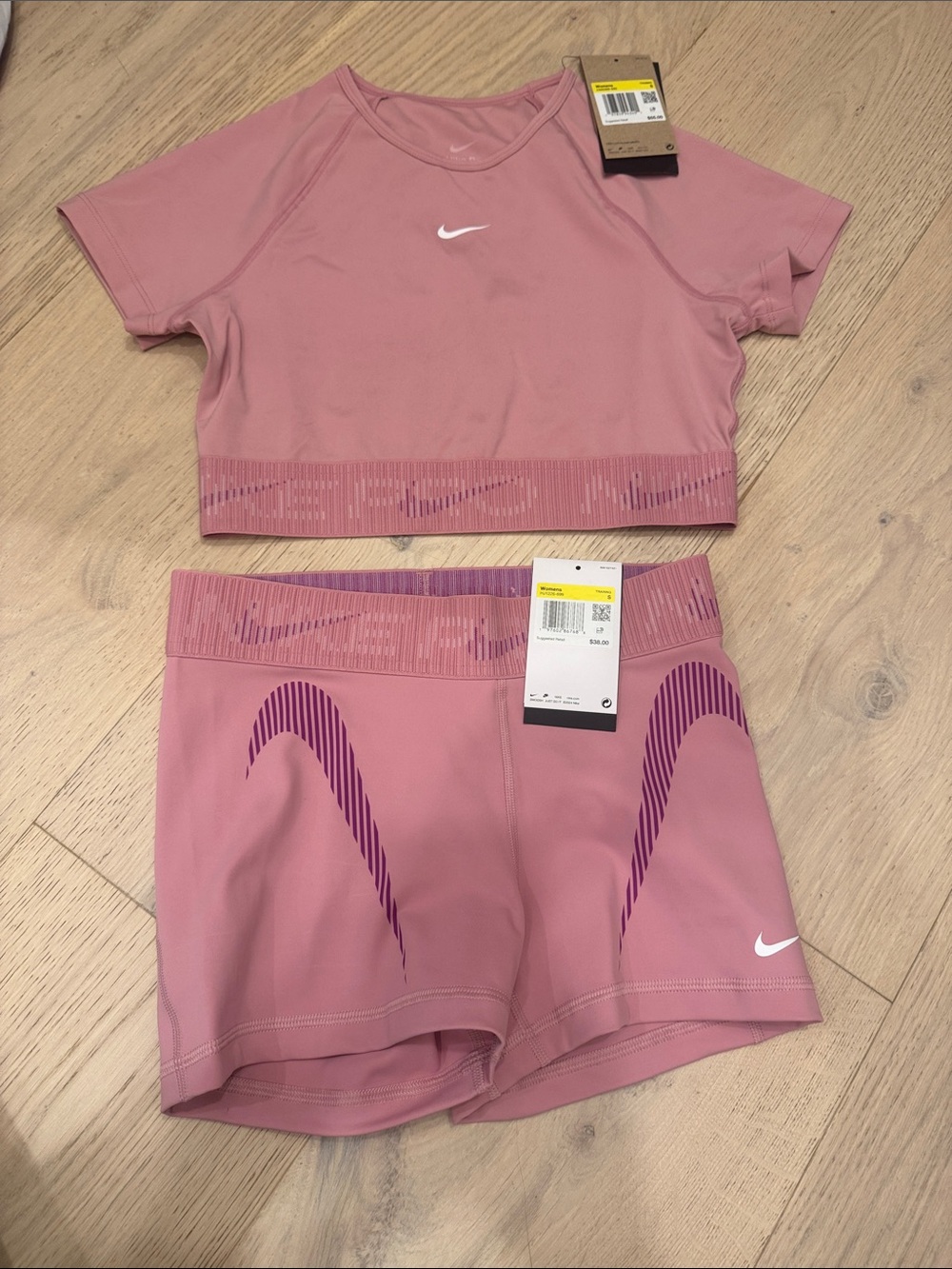 Nike pro fit Dusty Pink Crop Top and Shorts Set with Purple Accents